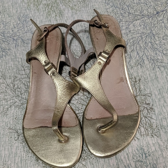 Gold Leather Low wedge sandals